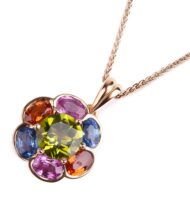 Zawieszka w żółtym złocie z oliwinem i szafirami w formie kwiatu