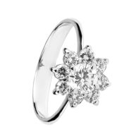 Pierścionek z białego złota z brylantami w formie rozetki